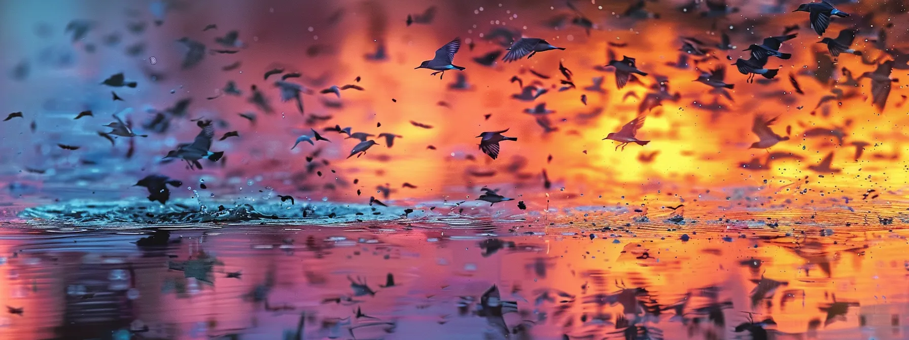 a vibrant sunset illuminates a serene lake, where colorful flocks of birds elegantly dance above the glistening water, creating a breathtaking reflection of the sky's fiery hues.