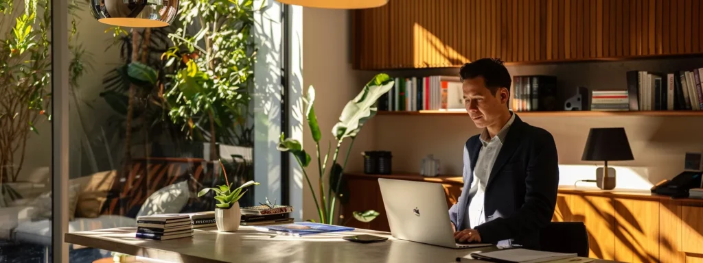 an engaged solo realtor examines a sleek laptop in a modern, minimalist office, surrounded by vibrant property brochures and visually striking digital property listings displayed on a large screen, reflecting a dynamic real estate environment.