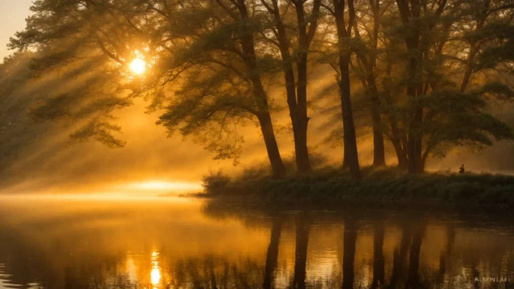a breathtaking sunrise casts golden light over a tranquil lake, with mist rising from the water's surface and silhouetted trees framing the serene reflection.