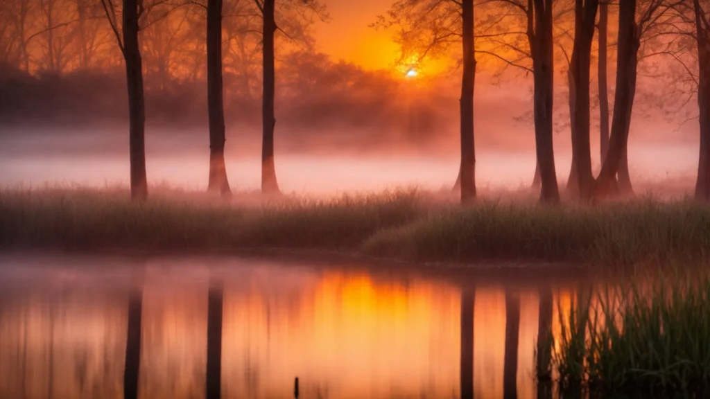 a breathtaking sunrise casts golden light over a tranquil lake, reflecting vibrant hues of orange and pink as mist gently rises from the water's surface.