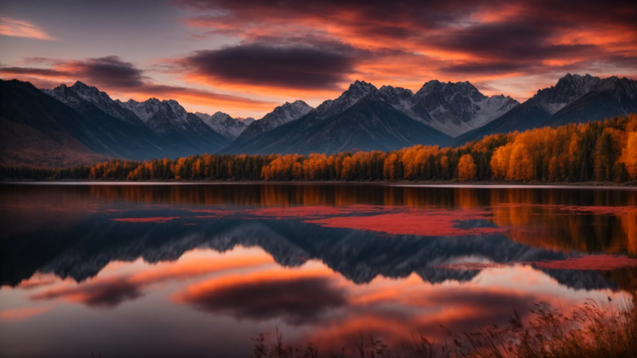 a breathtaking sunset casts golden and crimson hues over a serene lake, with majestic mountains silhouetted against the vibrant sky, creating an atmosphere of tranquility and awe.