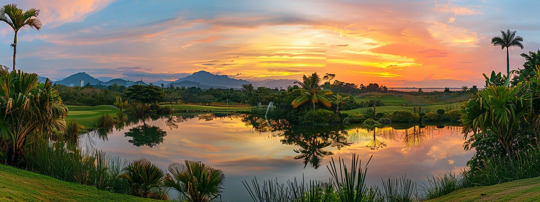 a breathtaking sunset casts vibrant hues of orange and pink across a serene landscape, reflecting off a tranquil lake surrounded by lush greenery and distant mountains.
