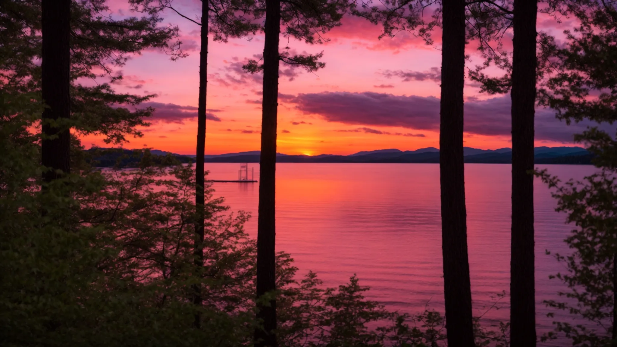 a breathtaking sunset over a serene lake, with vibrant hues of orange and pink reflecting on the calm water, framed by silhouetted trees and a distant mountain range.