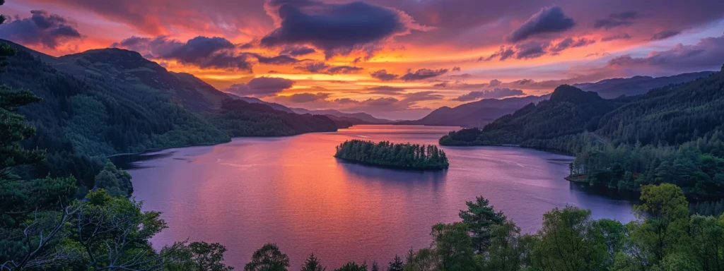 a majestic sunset casts vibrant hues of orange and purple over a tranquil lake, reflecting the stunning sky and surrounded by lush, green trees.
