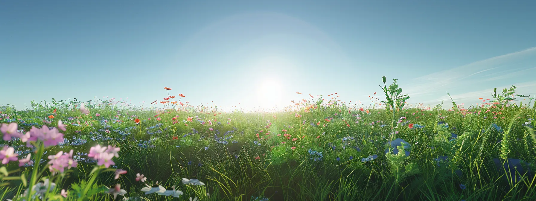 a sunlit meadow bursts with vibrant wildflowers under a clear blue sky, creating a serene tapestry of colors and textures that invites tranquility.