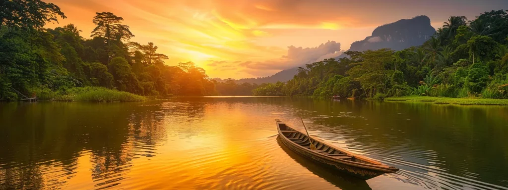 a vibrant sunset casts a golden hue over a tranquil lake, where a solitary canoe glides smoothly across the water's glassy surface, surrounded by lush greenery and distant mountains.