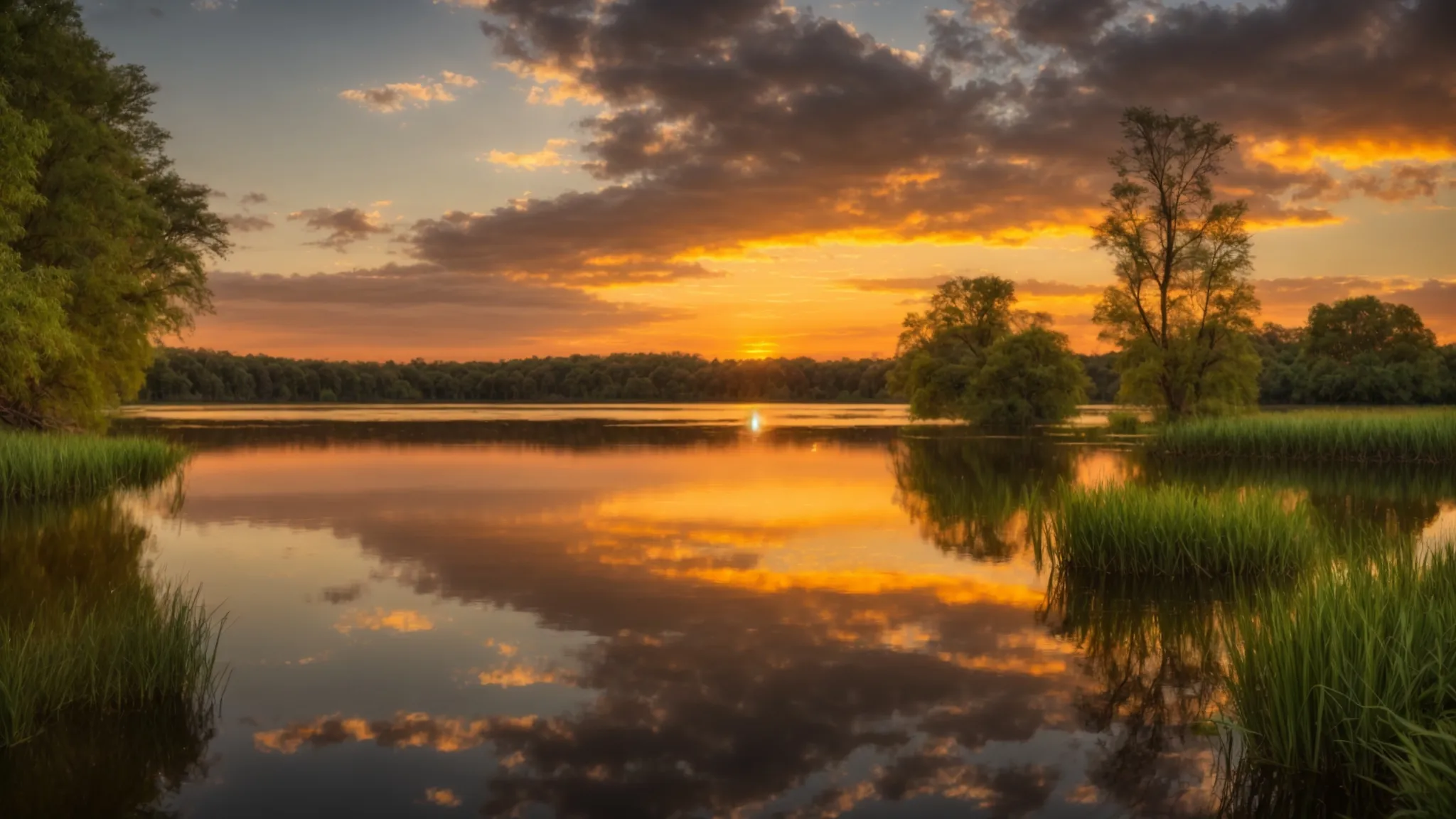 a vibrant sunset casts a golden glow over a tranquil lake, with mirrored reflections of lush green trees and soft, wispy clouds in the still water, evoking a sense of peace and serenity.