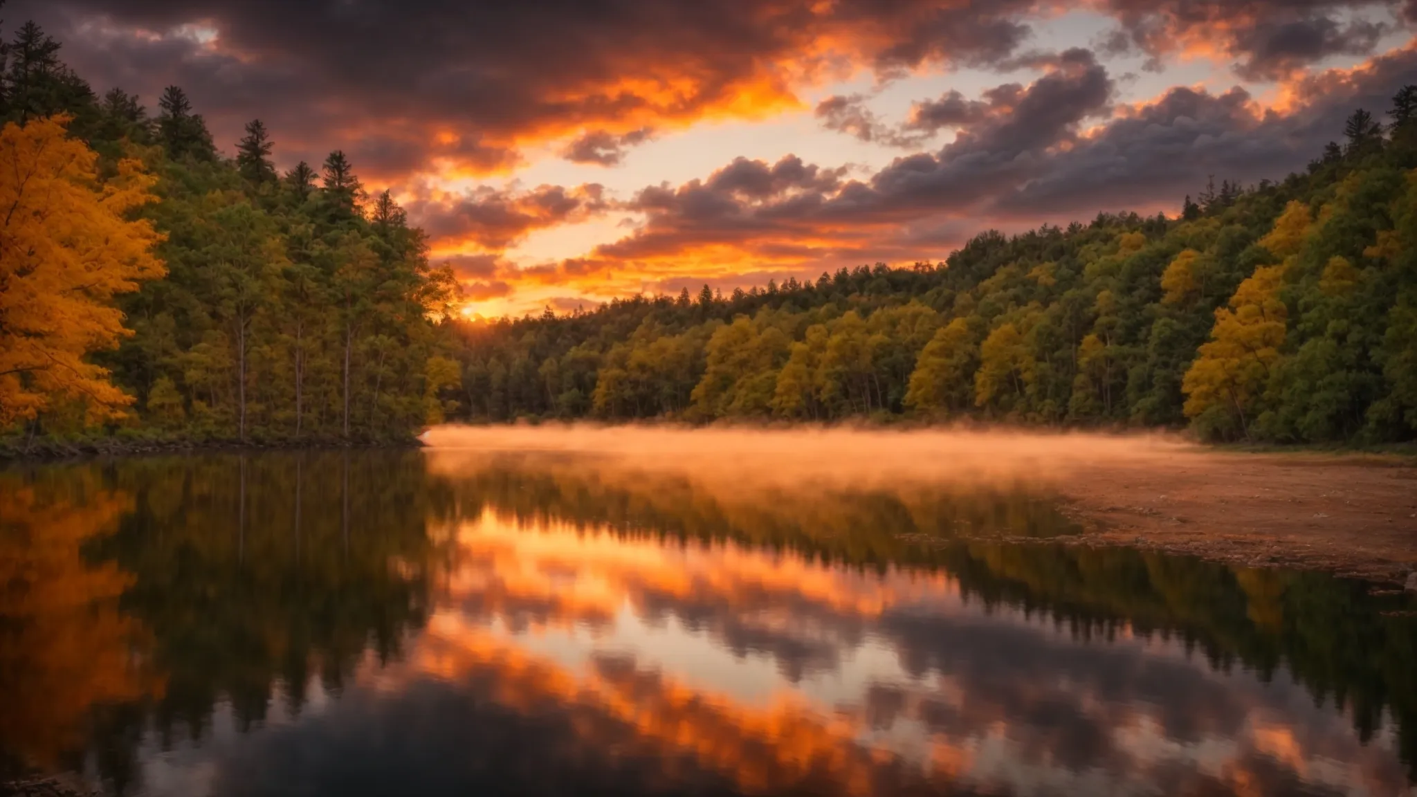 a vibrant sunset casts a golden glow over a tranquil lake, reflecting the fiery colors of the sky and surrounded by lush, green forests.