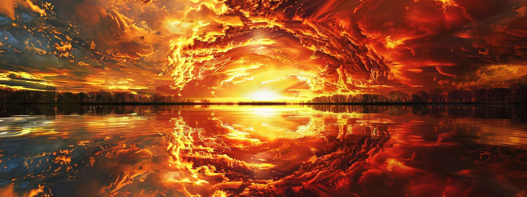 a vibrant sunset casts a warm, golden glow over a serene lake, reflecting the colorful sky and silhouetted trees, creating a tranquil and enchanting atmosphere.