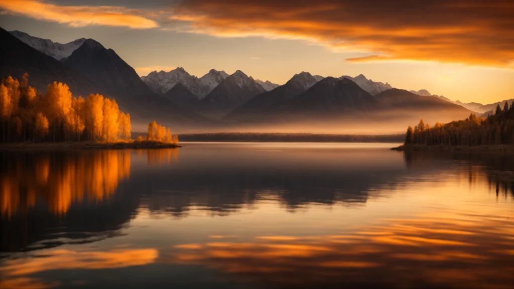 a vibrant sunset casts a warm golden glow over a serene lake, reflecting the silhouette of majestic mountains in the distance, creating a tranquil and picturesque landscape.