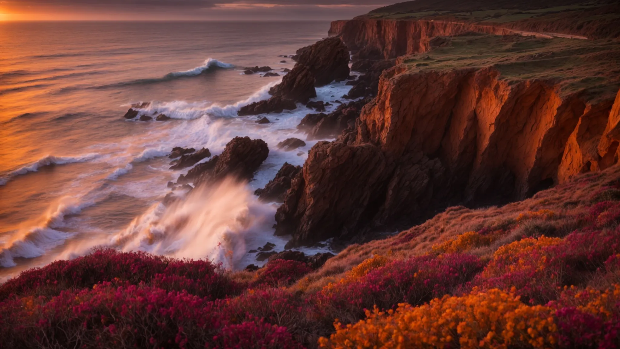 a vibrant sunset paints the sky in fiery oranges and deep purples as waves crash against rugged cliffs, creating a dramatic and serene coastal landscape.