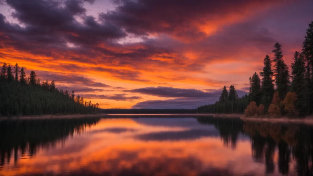 a breathtaking sunset paints the sky in vibrant hues of orange and purple, reflected on the calm surface of a tranquil lake surrounded by towering pine trees.