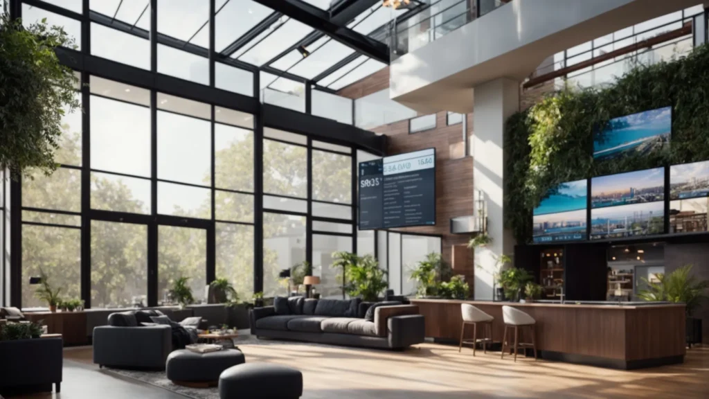 a vibrant real estate office filled with dynamic energy, showcasing a digital display of eye-catching property listings highlighted with high-volume keywords, illuminated by bright, welcoming sunlight streaming through expansive windows.