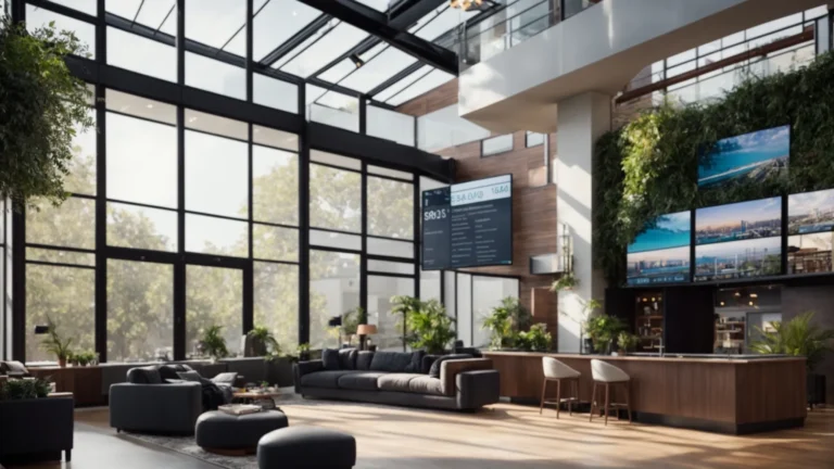a vibrant real estate office filled with dynamic energy, showcasing a digital display of eye-catching property listings highlighted with high-volume keywords, illuminated by bright, welcoming sunlight streaming through expansive windows.
