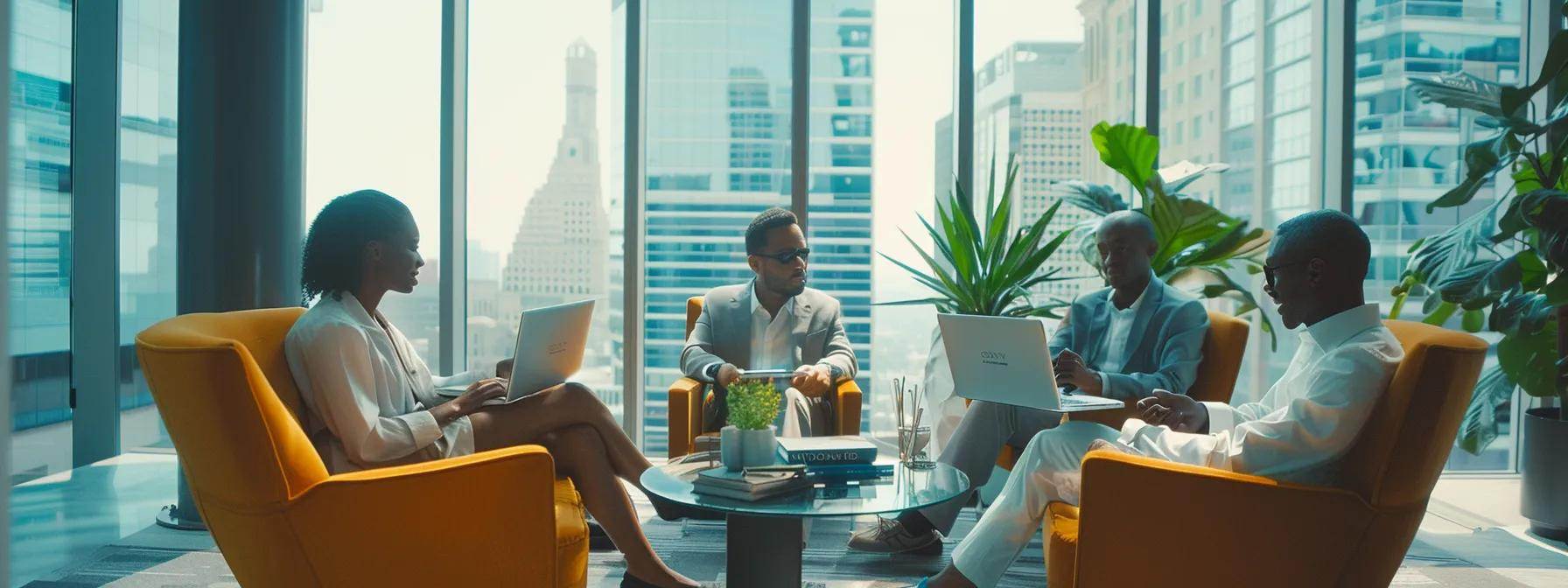a diverse group of novice investors collaboratively analyzing a digital investment platform on sleek laptops in a modern office space, highlighting the strategic pooling of resources and shared decision-making in real estate ventures.