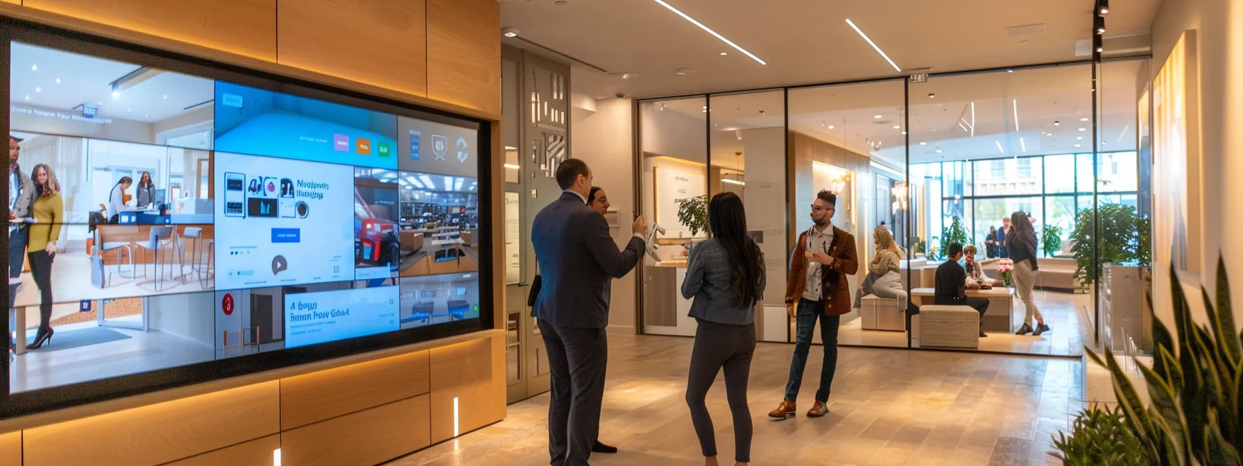 a modern, bustling realtor's office showcases a sleek, digital display featuring glowing yelp reviews on a large screen, with agents engaged in discussions and clients reviewing the display, highlighting the synergy of technology and client engagement in a professional setting.