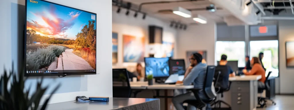 a modern real estate office bustling with activity, showcasing a large screen displaying glowing testimonials from satisfied clients, reinforcing trust and confidence in the realtor's services.