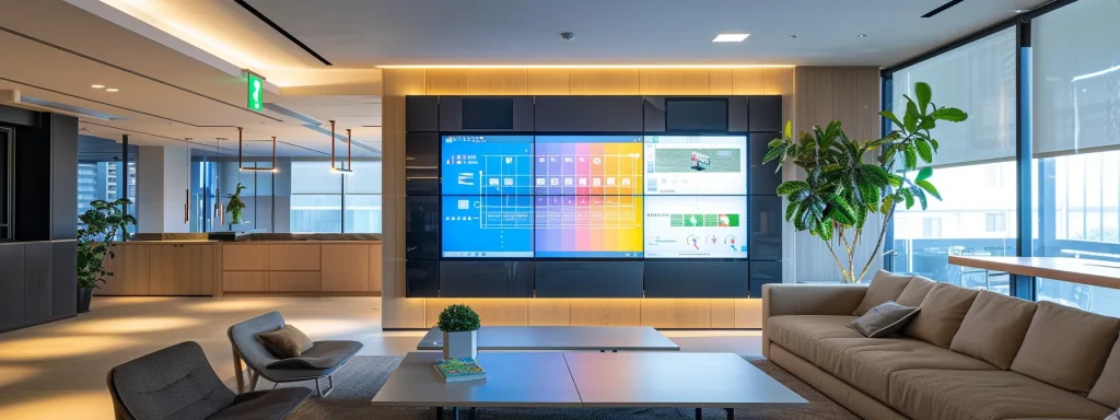 a modern, well-organized office workspace features a large screen displaying a colorful, interactive flowchart mapping the buyer and seller paths on a realtor website, with sleek furniture and professional lighting creating a dynamic tech-savvy environment.