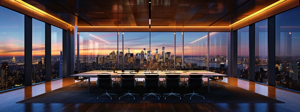 a sleek, modern conference room with a panoramic city skyline view through large glass windows, illuminated by soft artificial lighting, showcasing a diverse group of professionals engaged in an animated discussion at a polished wooden table.
