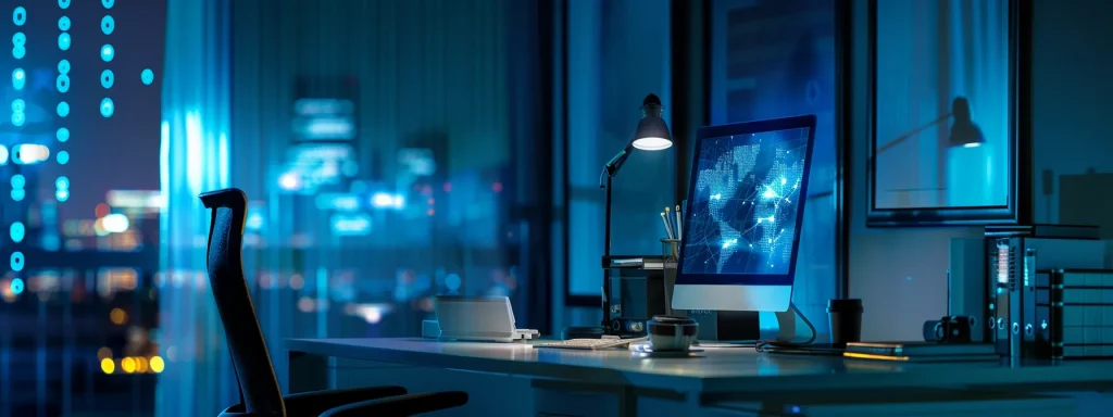 a sleek, modern office bathed in warm artificial light, featuring a minimalistic desk adorned with high-tech gadgets and a vibrant digital display showcasing innovative data analytics.