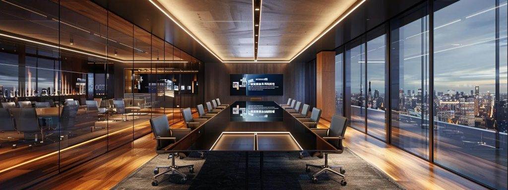 a sleek, modern office conference room featuring a large digital display showcasing dynamic property investment strategies, with a diverse group of professionals engaged in an animated discussion around a polished glass table.