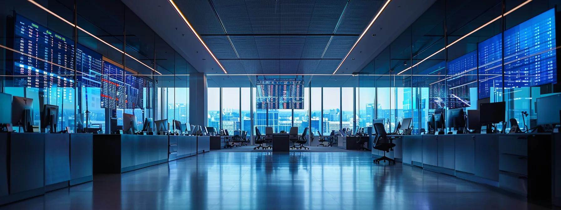 a sleek, modern office filled with digital screens displaying fluctuating real estate market trends and indicators, illuminated by dynamic led lighting that enhances the urgency of strategic property investment discussions.