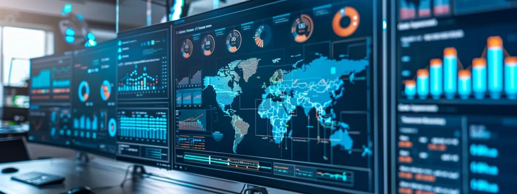 a sleek, modern office filled with high-tech devices displays a large digital dashboard showcasing real-time analytics and data visualization for real estate investors.