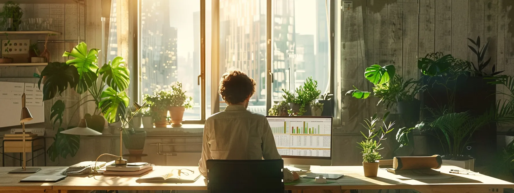 a sleek, modern office setting features a central table laden with vibrant graphs and analytics reports, as a focused professional reviews data insights on a laptop screen, capturing the essence of strategic decision-making in real estate.
