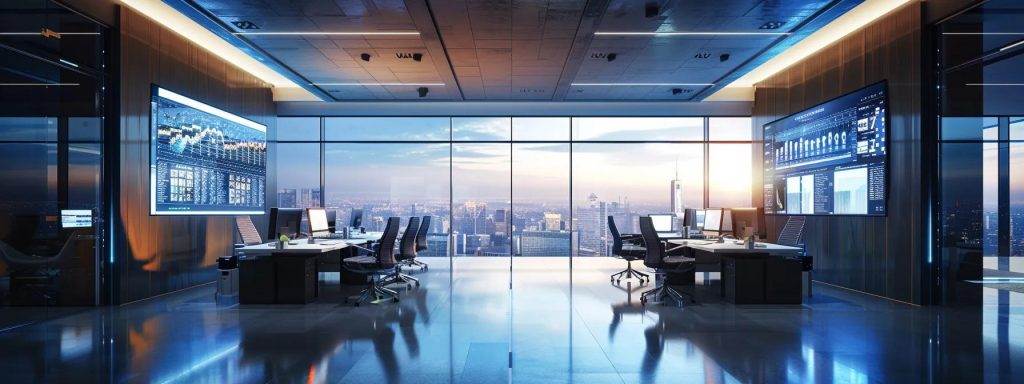 a sleek, modern office space filled with elegantly designed furniture and large screens displaying dynamic real estate investment data, exuding an atmosphere of professionalism and cutting-edge strategy.