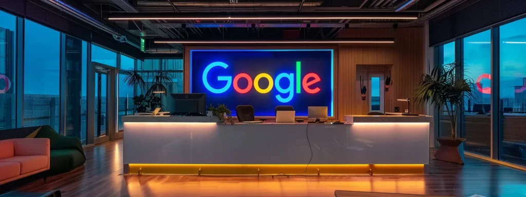 a sleek, modern office space showcases a digital display of vibrant google reviews and testimonials, with a backdrop of stylish furniture and cutting-edge technology emphasizing the professionalism of a real estate agency.