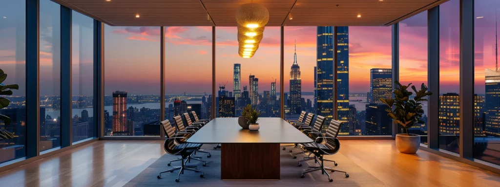a sleek, modern office space with a panoramic view of a bustling city skyline, featuring a stylish conference table illuminated by warm pendant lights, sets the stage for an engaging business meeting.