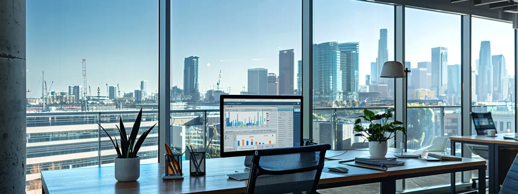a sleek modern office space with a computer screen displaying an interactive chat interface, conveying real-time communication between a realtor and a potential client amidst a backdrop of urban city views.