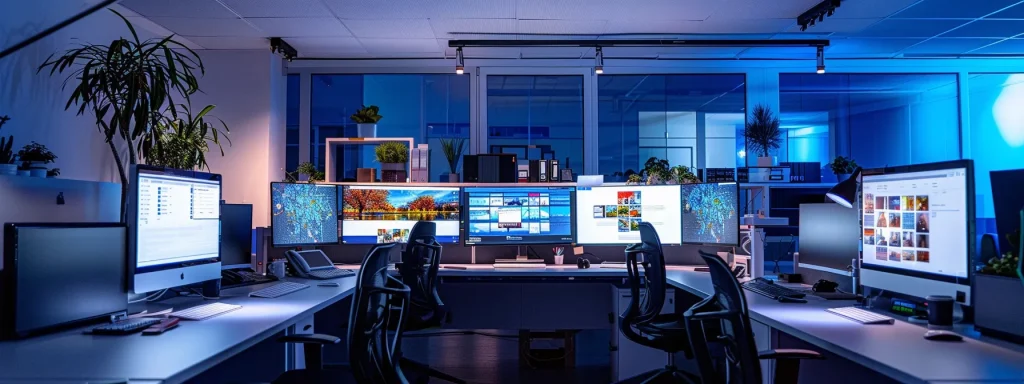 a sleek, modern office space is filled with illuminated computer screens displaying a vibrant new realtor website, where a focused individual reviews a detailed checklist for a successful launch.