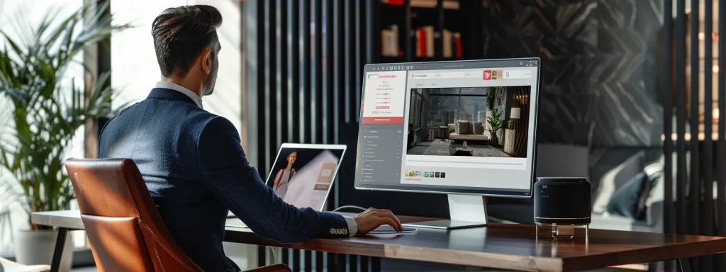 a sleek, modern office with a large computer screen displaying glowing yelp reviews prominently features a well-dressed realtor engaging with a client at a polished conference table, highlighting the digital integration of client feedback in real estate.