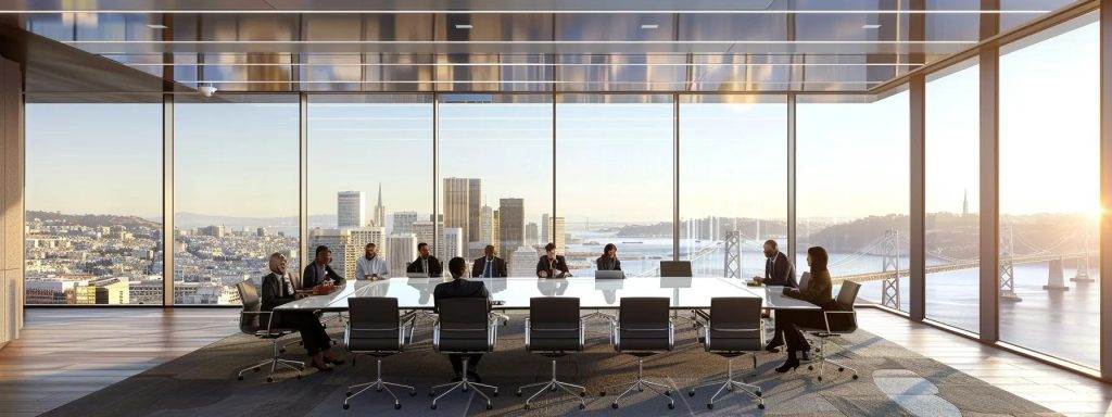 a sleek, modern office workspace features a polished conference table surrounded by diverse individuals in professional attire, intensely discussing property investment strategies, complemented by vibrant cityscape views through large glass windows.