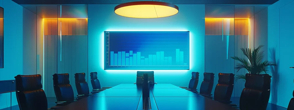 a sleek, modern office workspace features a polished conference table surrounded by high-backed chairs, illuminated by a striking overhead pendant light that casts a warm glow over a digital presentation screen showcasing innovative business metrics.