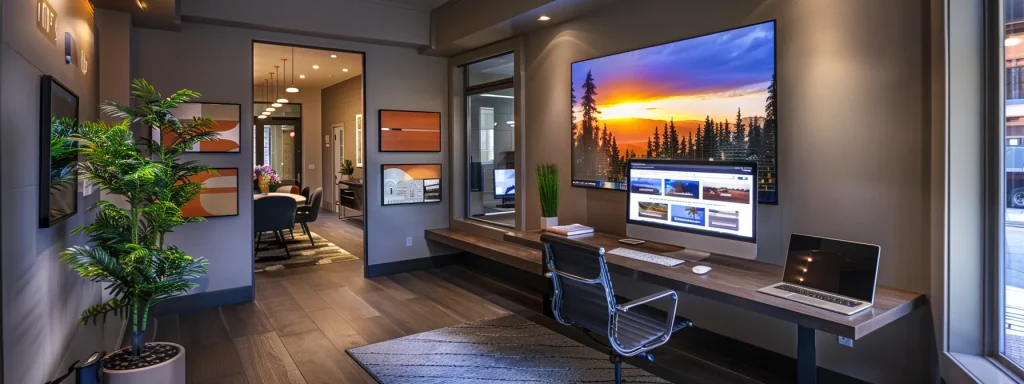 a sleek, modern office workspace showcases a high-tech computer screen displaying a vibrant real estate website seamlessly integrated with a dynamic crm interface, illuminated by ambient lighting that highlights the digital synergy of technology and real estate.