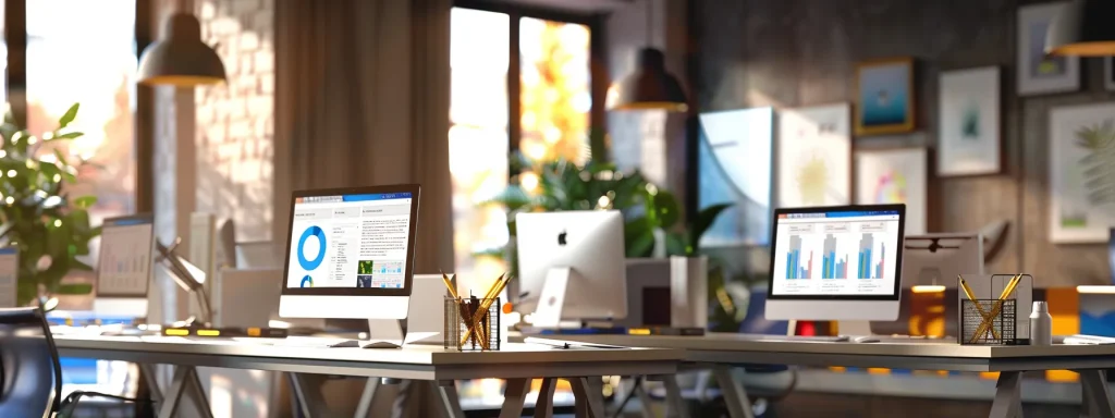 a sleek, modern office workspace featuring multiple computer screens displaying dynamic email automation dashboards, with vibrant graphs and charts, emphasizing the efficiency of technology tailored for realtor websites.