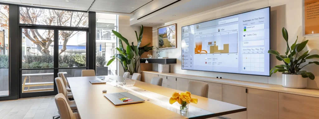 a sleek, modern real estate office with a vibrant digital calendar interface displayed prominently on a large monitor, capturing the seamless integration of booking technology into the realtor's workflow.
