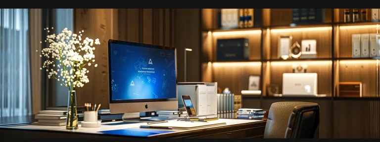 a sophisticated and modern office setting features a sleek, illuminated design desk with a stylish realtor logo prominently displayed on a high-definition screen, surrounded by elegant design sketches and branding materials for web and print.