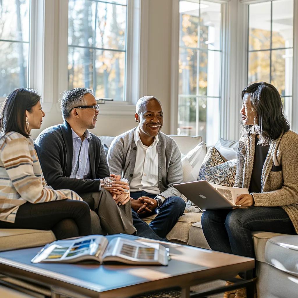 Diverse group discussing real estate investment strategies in a cozy living room