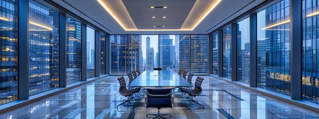 a sleek, modern office conference room, featuring a large glass table surrounded by stylish chairs, is illuminated by warm overhead lighting, with a backdrop of high-rise buildings through expansive windows, symbolizing a dynamic environment for real estate investment discussions.