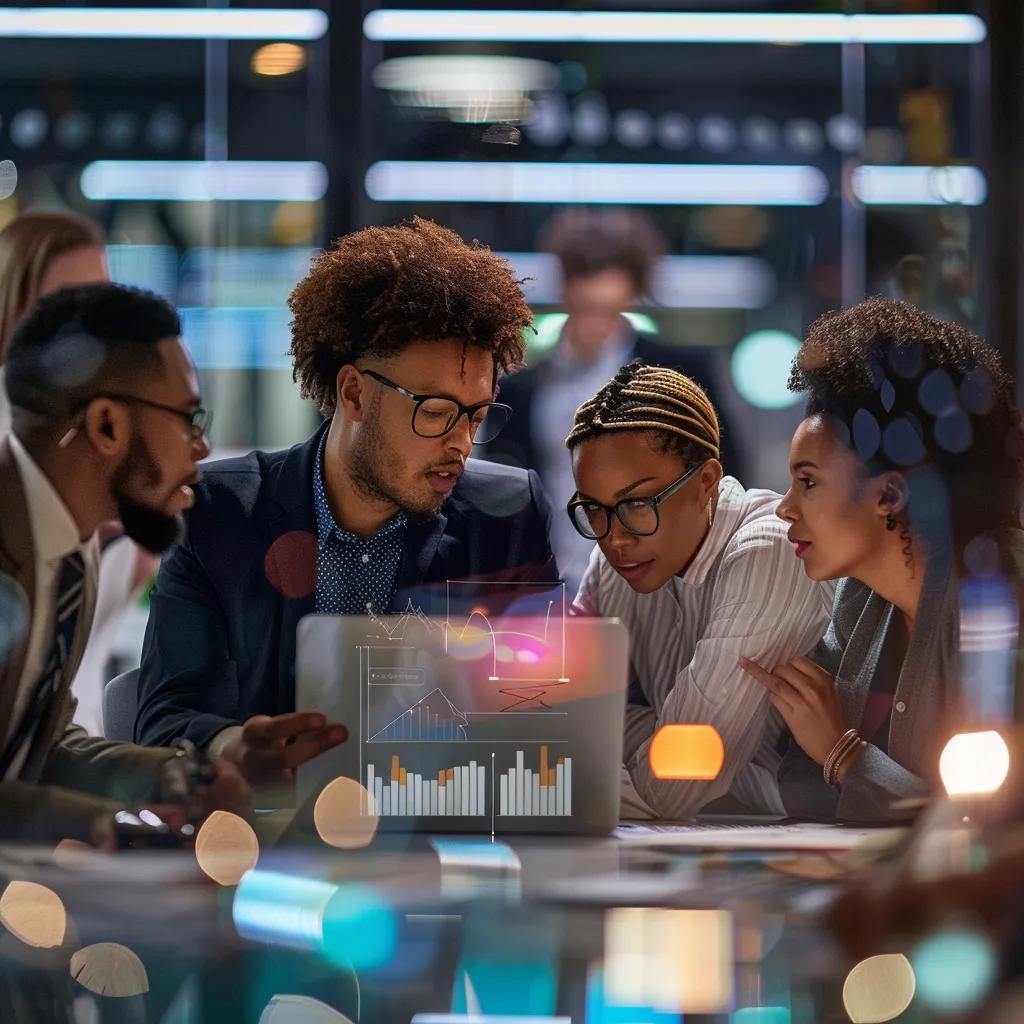 Diverse real estate professionals collaborating in a modern office, showcasing teamwork in lead generation